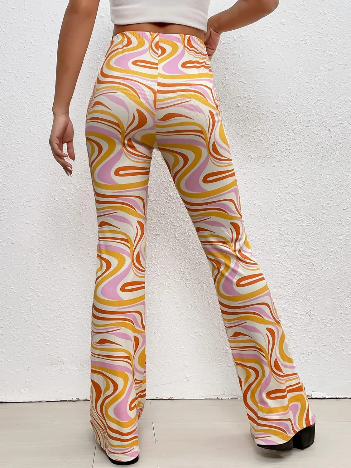 WDIRARA Women's Marble Printed Flare Pants High Waisted Elastic Waist Casual 70s Disco Long Pants
