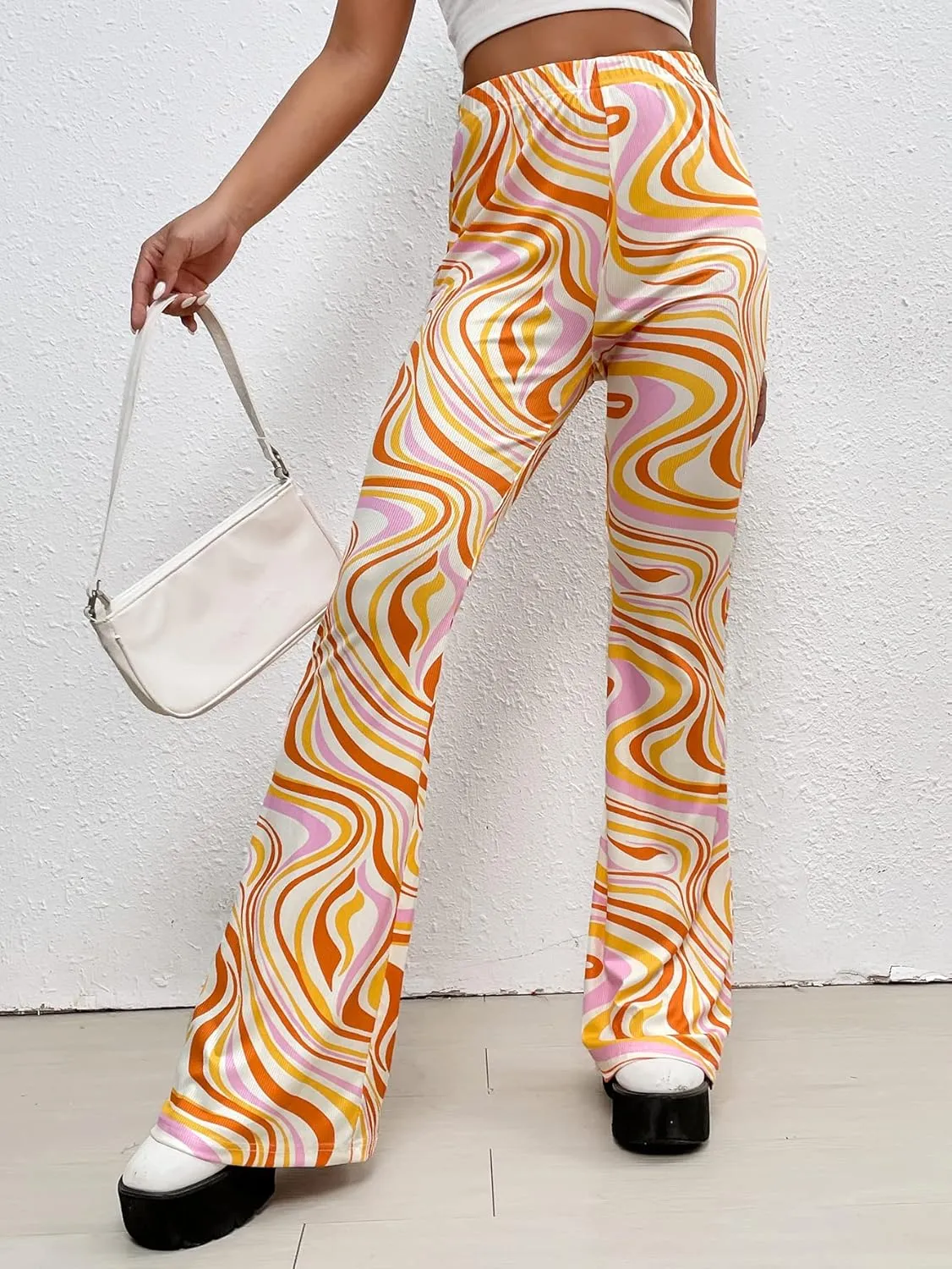 WDIRARA Women's Marble Printed Flare Pants High Waisted Elastic Waist Casual 70s Disco Long Pants