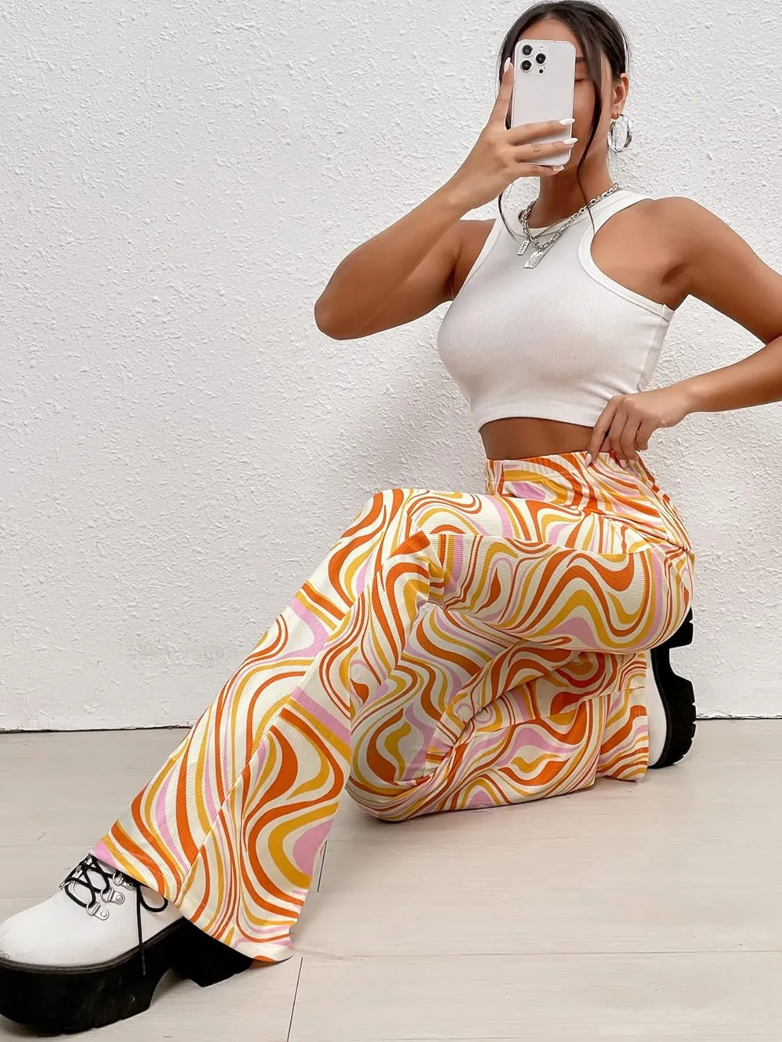WDIRARA Women's Marble Printed Flare Pants High Waisted Elastic Waist Casual 70s Disco Long Pants