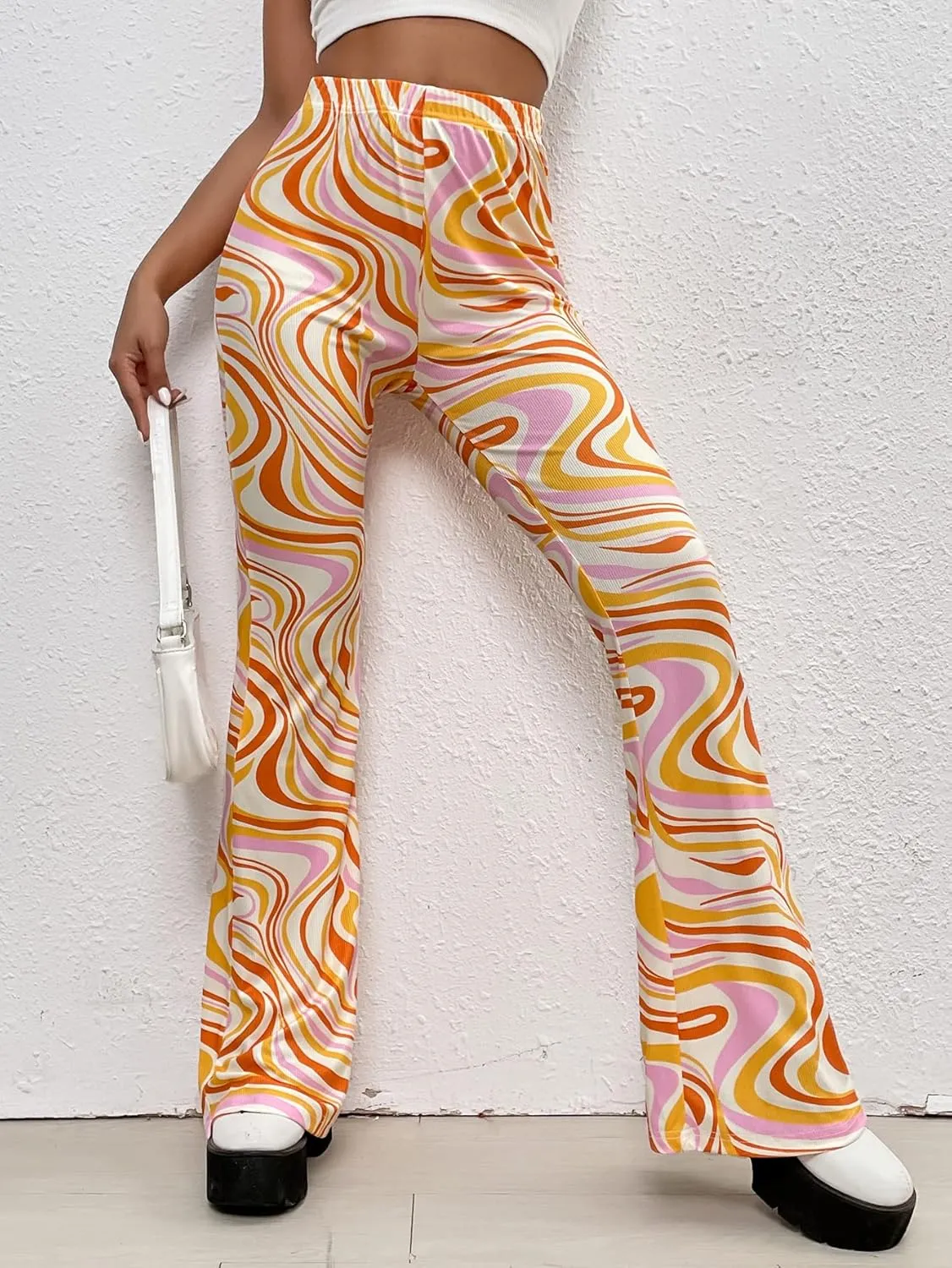 WDIRARA Women's Marble Printed Flare Pants High Waisted Elastic Waist Casual 70s Disco Long Pants