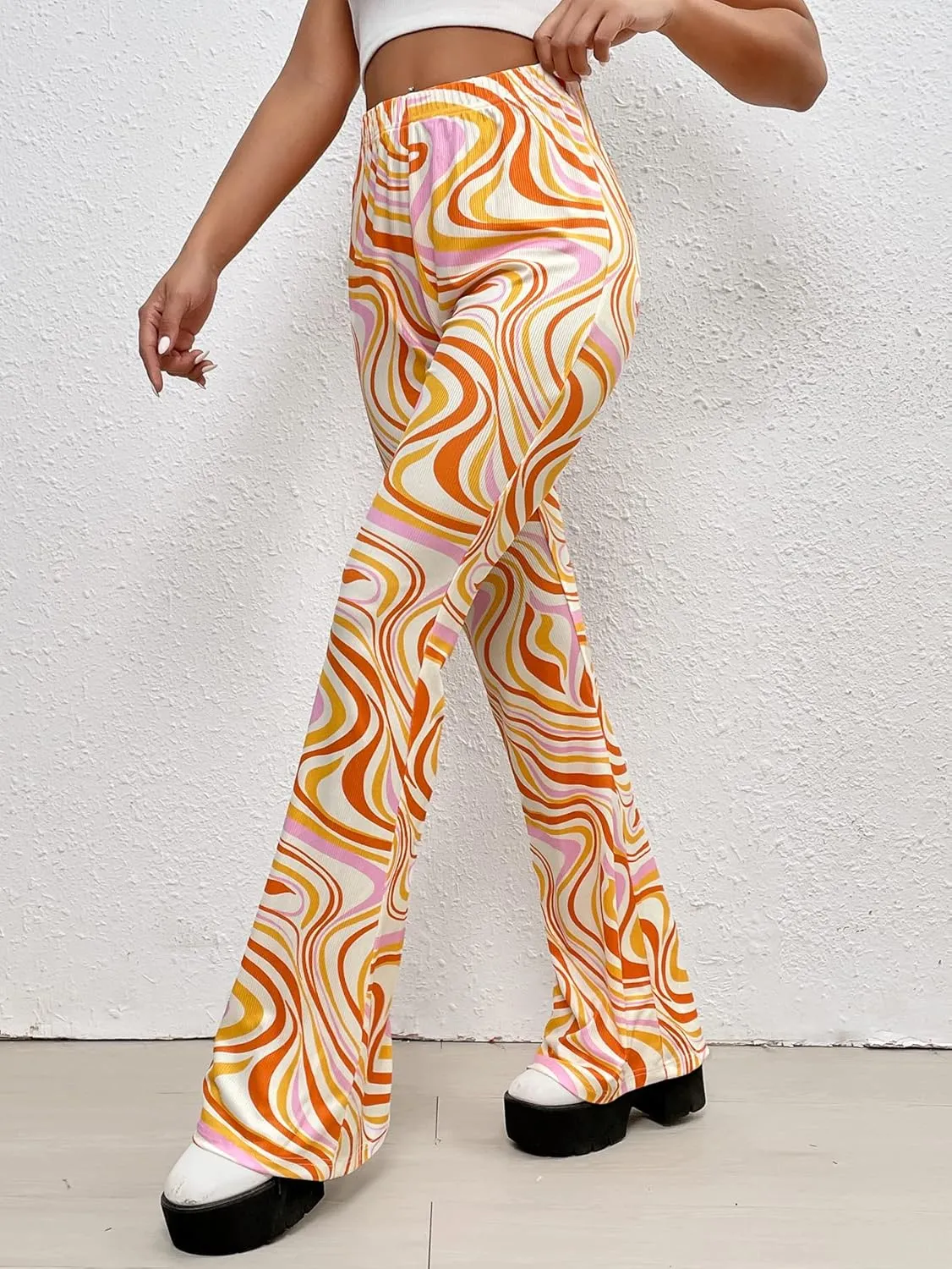 WDIRARA Women's Marble Printed Flare Pants High Waisted Elastic Waist Casual 70s Disco Long Pants