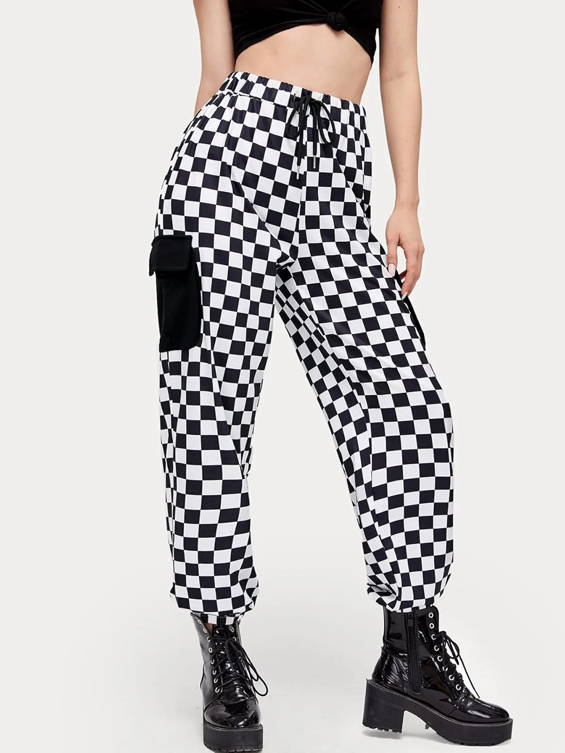 WDIRARA Women's Y2k Plaid Print Elastic Waist Fashion Straight Leg Pants Trousers