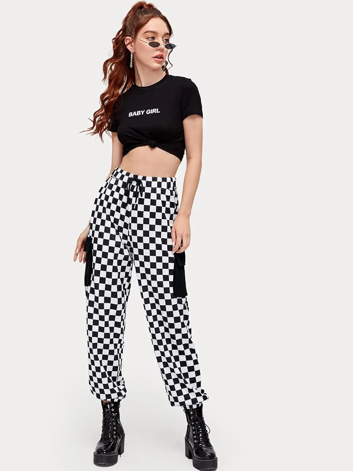 WDIRARA Women's Y2k Plaid Print Elastic Waist Fashion Straight Leg Pants Trousers