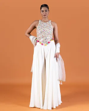 White Embroidered Crop Top with Palazzo Pants and Dupatta Set