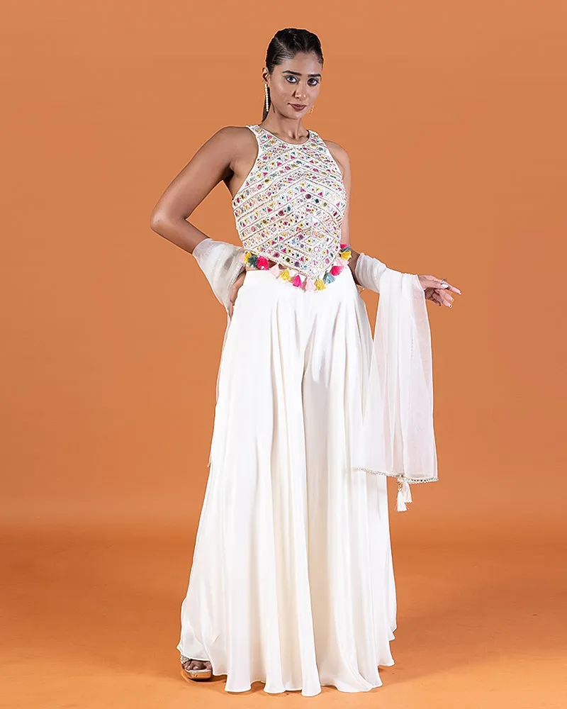 White Embroidered Crop Top with Palazzo Pants and Dupatta Set