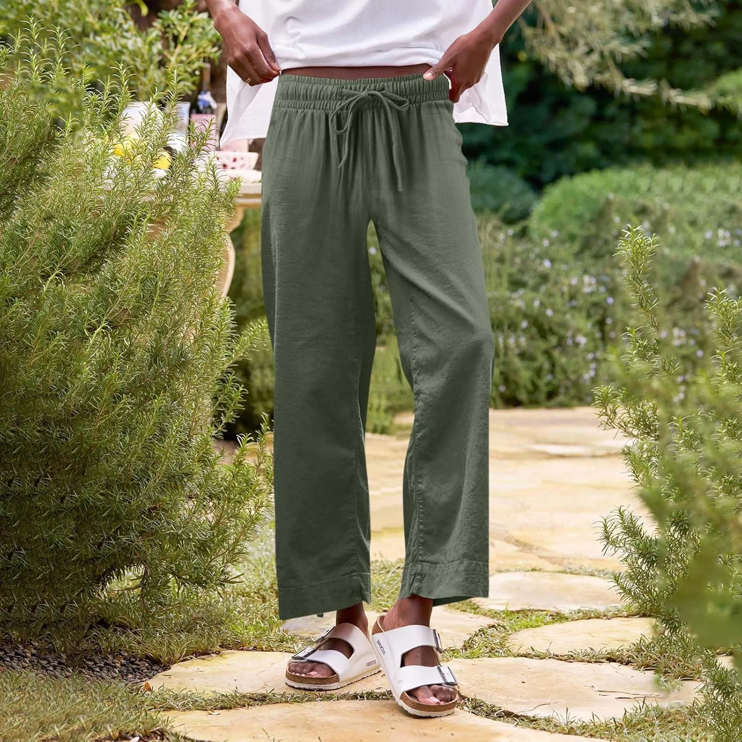 Wide Leg Linen Pants for Women 2025 Trendy Summer Button Zipper Pants High Rise with Pockets Y2K Solid Beach Trousers