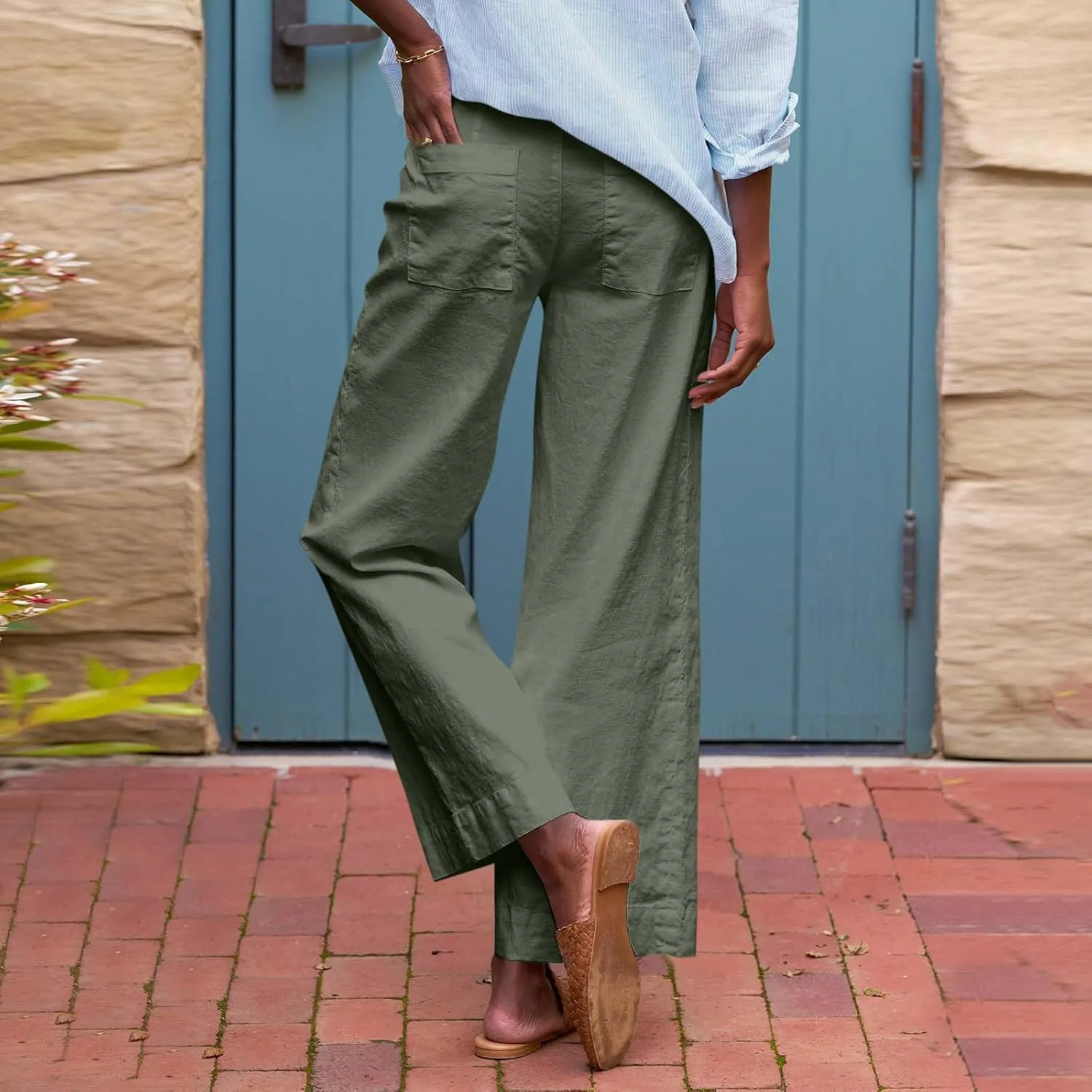 Wide Leg Linen Pants for Women 2025 Trendy Summer Button Zipper Pants High Rise with Pockets Y2K Solid Beach Trousers