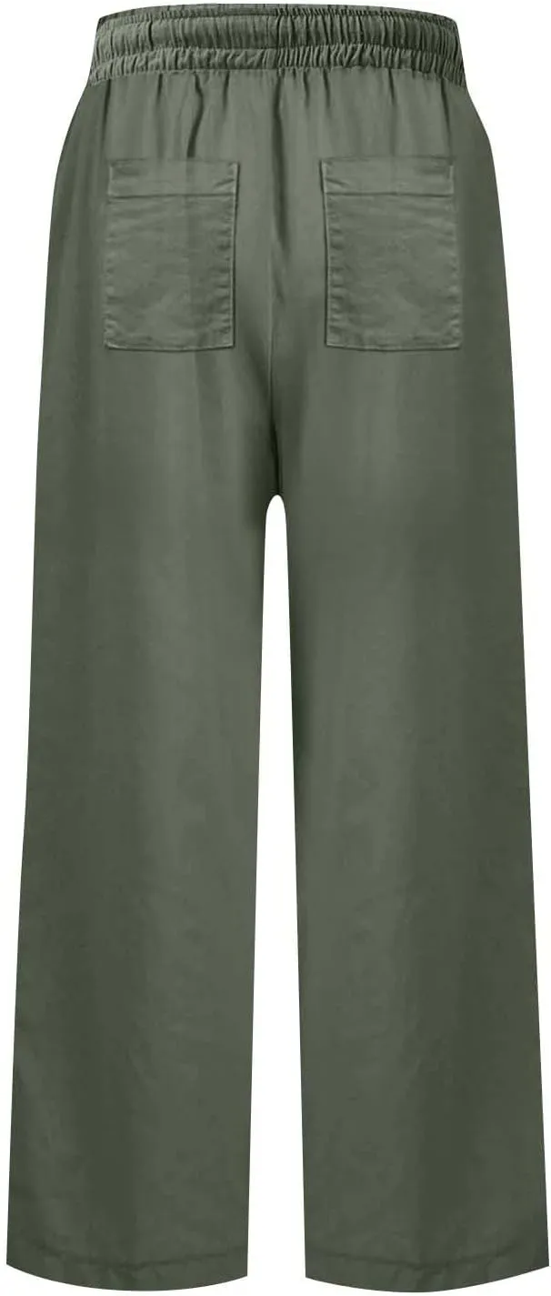 Wide Leg Linen Pants for Women 2025 Trendy Summer Button Zipper Pants High Rise with Pockets Y2K Solid Beach Trousers