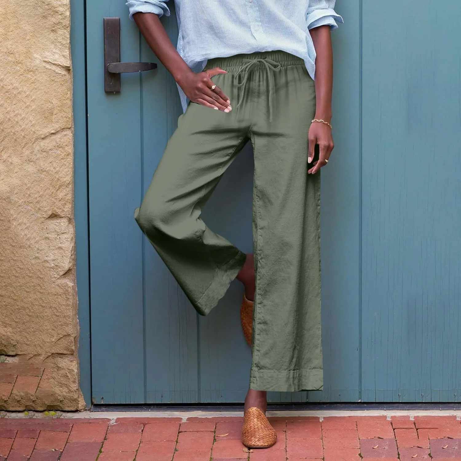 Wide Leg Linen Pants for Women 2025 Trendy Summer Button Zipper Pants High Rise with Pockets Y2K Solid Beach Trousers