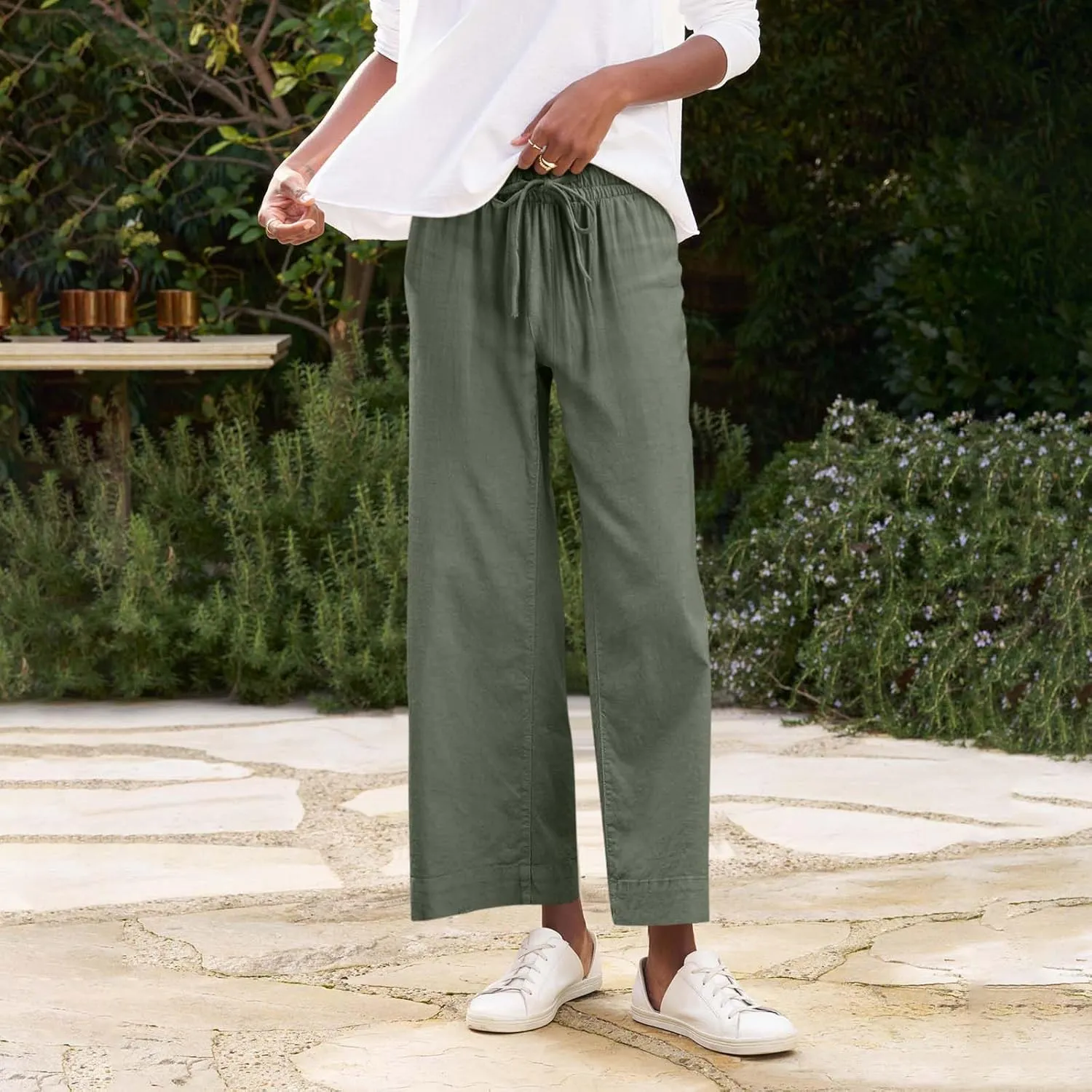 Wide Leg Linen Pants for Women 2025 Trendy Summer Button Zipper Pants High Rise with Pockets Y2K Solid Beach Trousers