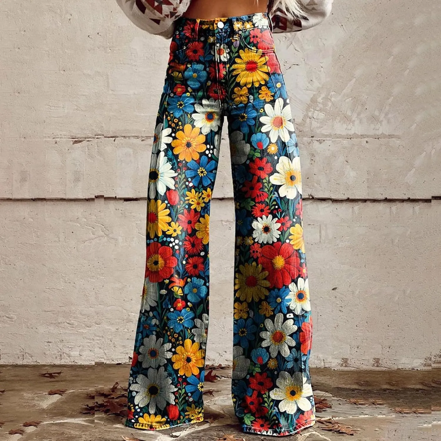 Wide Leg Pants Woman High Waist Floral Patterned Pants Lightweight Loose Fit Casual Colorful Trouser Imitation Jean