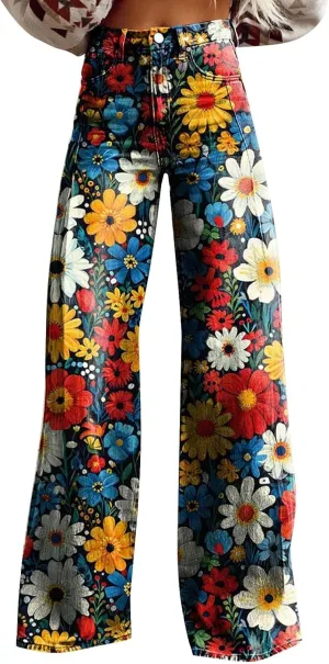 Wide Leg Pants Woman High Waist Floral Patterned Pants Lightweight Loose Fit Casual Colorful Trouser Imitation Jean