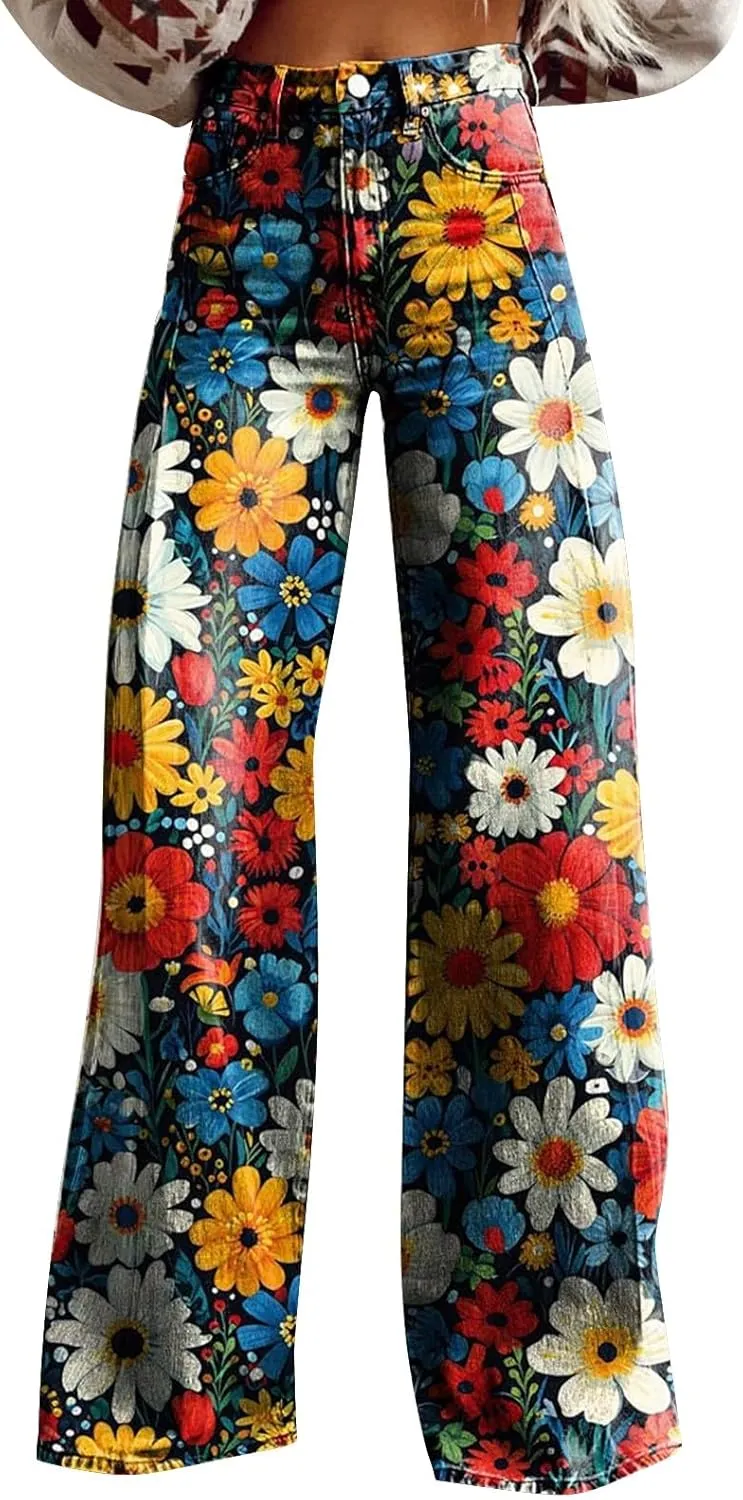 Wide Leg Pants Woman High Waist Floral Patterned Pants Lightweight Loose Fit Casual Colorful Trouser Imitation Jean