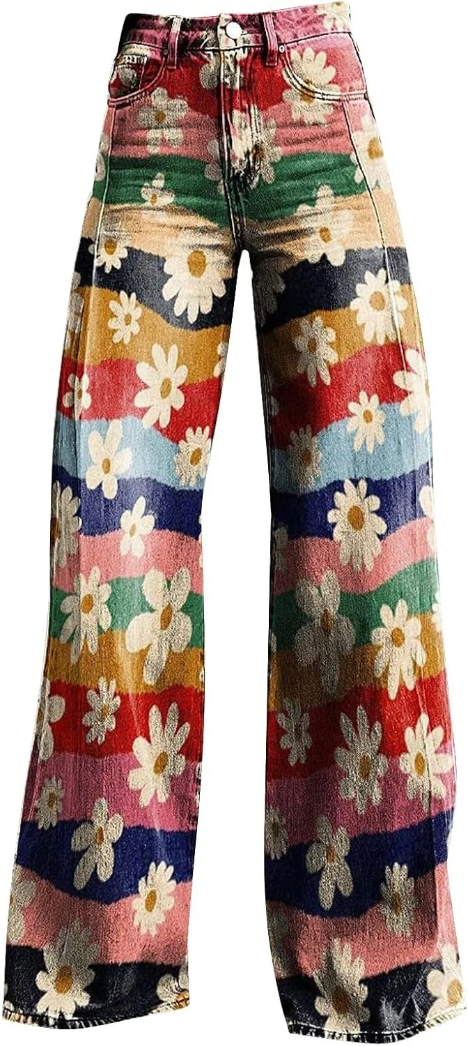 Wide Leg Pants Woman High Waist Floral Patterned Pants Lightweight Loose Fit Casual Colorful Trouser Imitation Jean