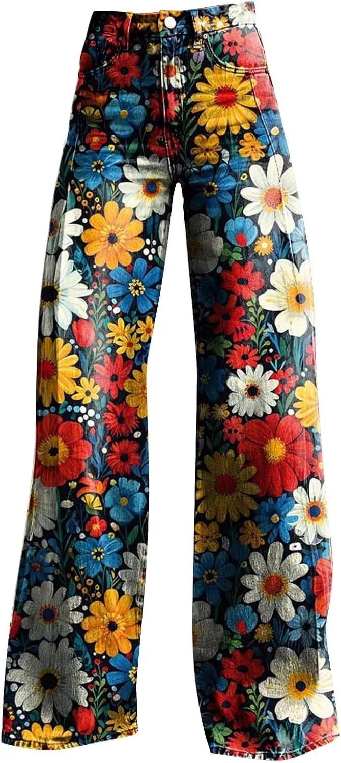 Wide Leg Pants Woman High Waist Floral Patterned Pants Lightweight Loose Fit Casual Colorful Trouser Imitation Jean