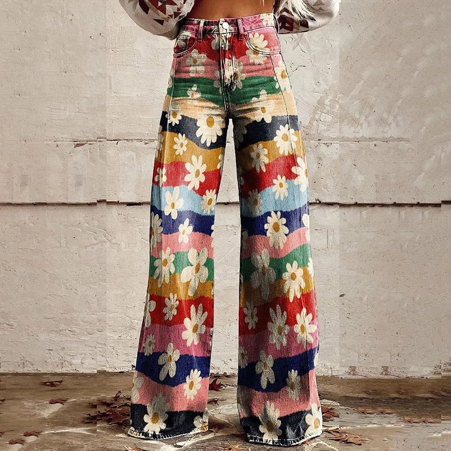 Wide Leg Pants Woman High Waist Floral Patterned Pants Lightweight Loose Fit Casual Colorful Trouser Imitation Jean