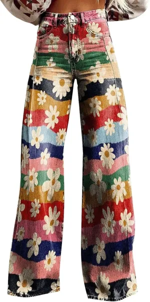 Wide Leg Pants Woman High Waist Floral Patterned Pants Lightweight Loose Fit Casual Colorful Trouser Imitation Jean