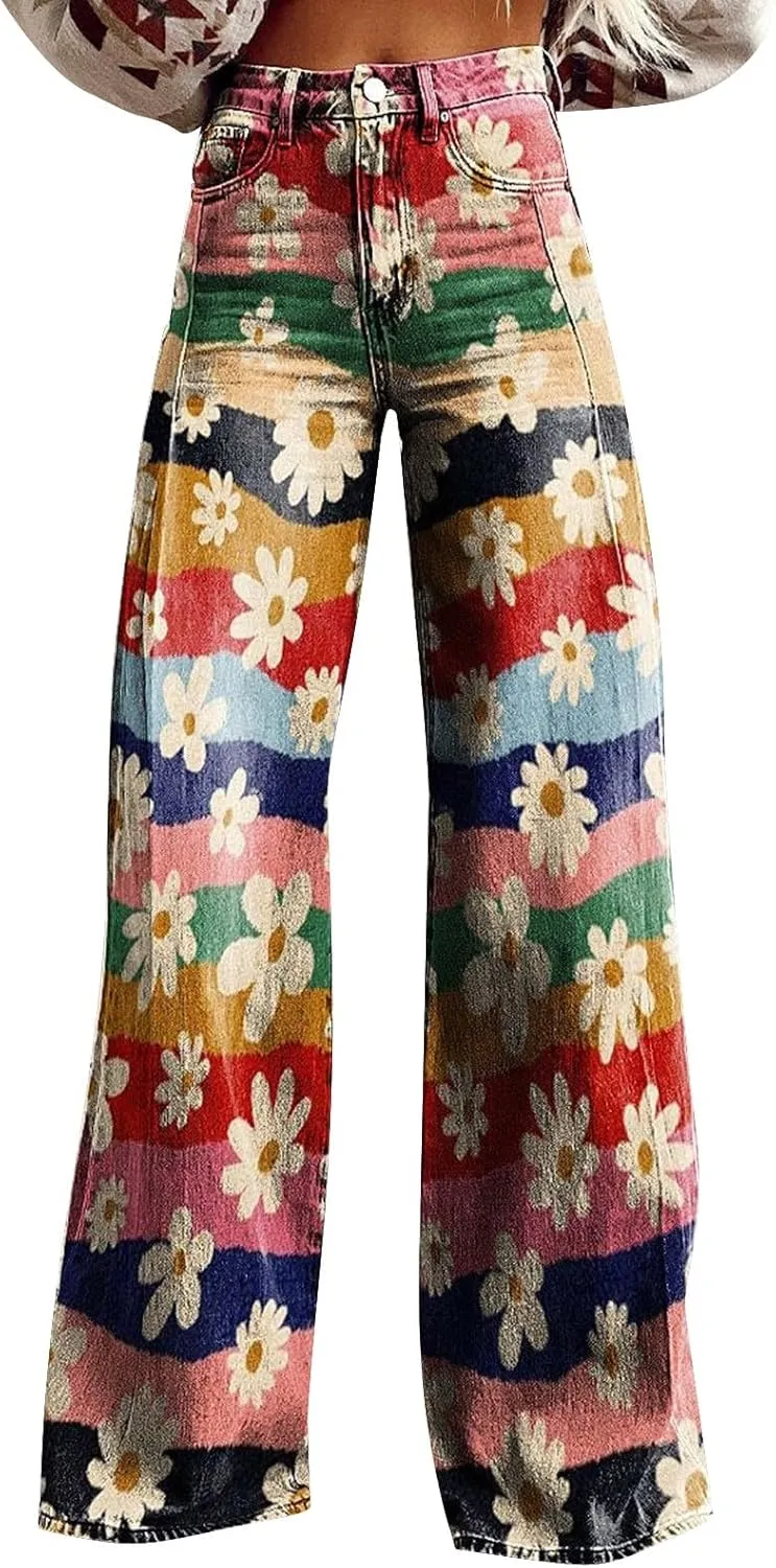 Wide Leg Pants Woman High Waist Floral Patterned Pants Lightweight Loose Fit Casual Colorful Trouser Imitation Jean
