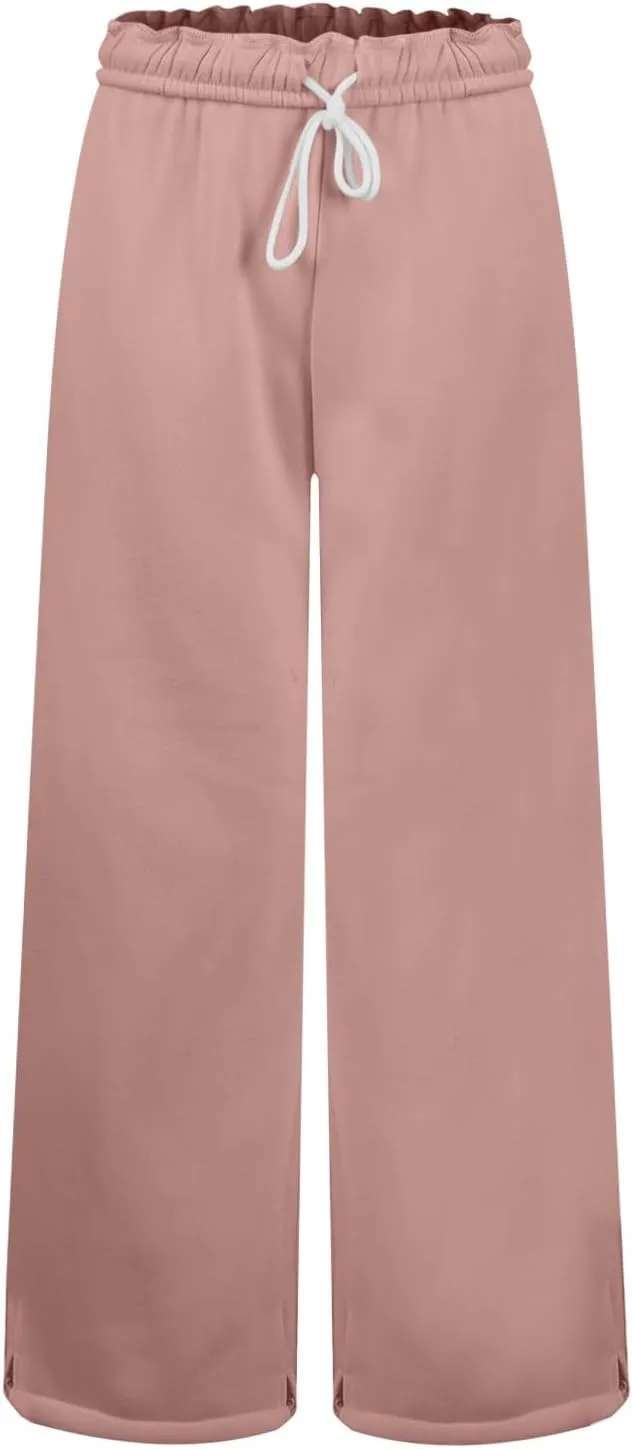 Wide Leg Sweatpants for Women Drawstring High Waisted Lounge Trousers Elastic Waist Baggy Casual Pants with Pockets