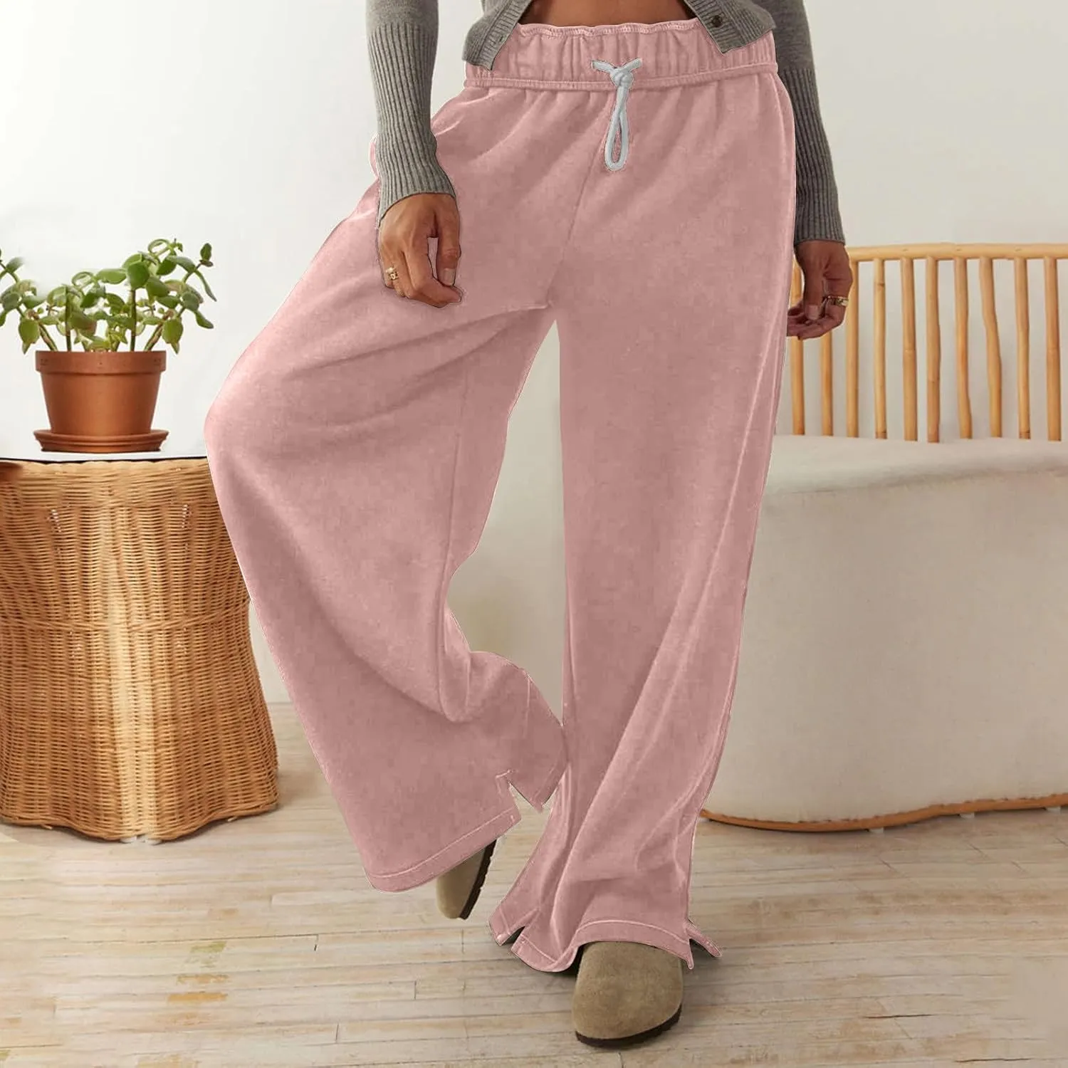 Wide Leg Sweatpants for Women Drawstring High Waisted Lounge Trousers Elastic Waist Baggy Casual Pants with Pockets