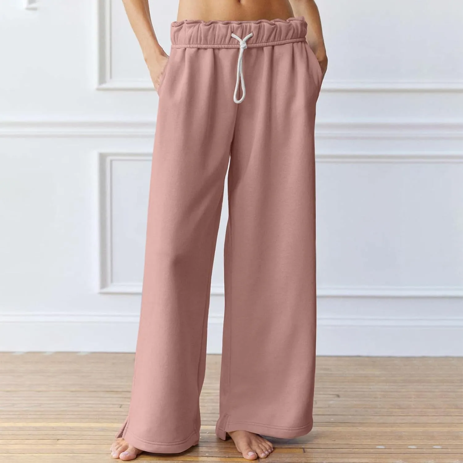 Wide Leg Sweatpants for Women Drawstring High Waisted Lounge Trousers Elastic Waist Baggy Casual Pants with Pockets