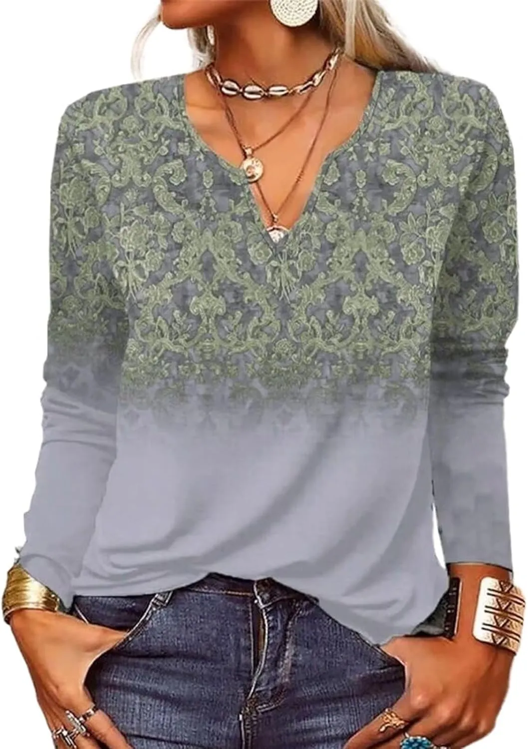 Woman Fall Shirts 2024 Boho Clothes Hippie Floral Print Bohemian Top V-Neck Casual Loose Sweatshirt