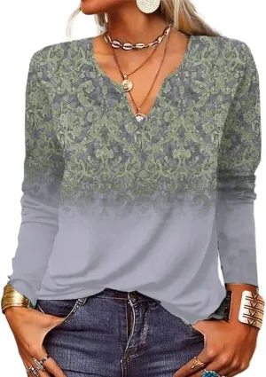 Woman Fall Shirts 2024 Boho Clothes Hippie Floral Print Bohemian Top V-Neck Casual Loose Sweatshirt