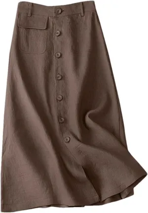Women Button Up A-Line Skirts Cotton High Waist Mujer Solid Temperament Midi Skirts