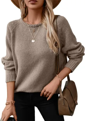 Women Casual Long Sleeve Fall Sweaters Crew Neck Solid Color Soft Ribbed Knitted Curling Pullover