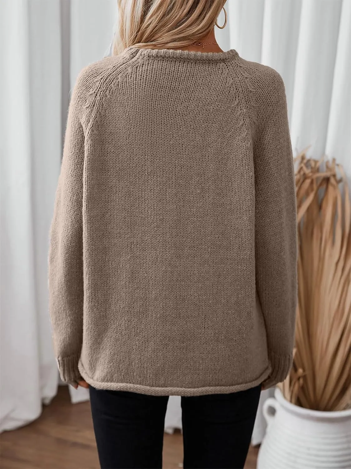 Women Casual Long Sleeve Fall Sweaters Crew Neck Solid Color Soft Ribbed Knitted Curling Pullover