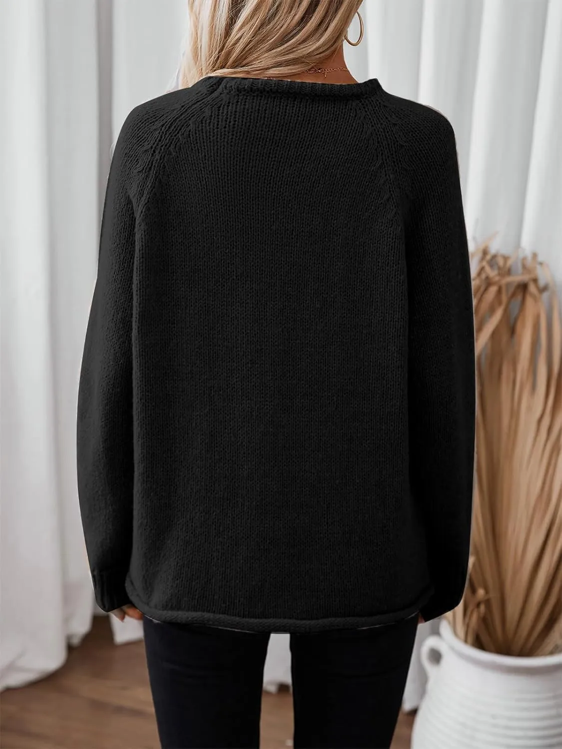 Women Casual Long Sleeve Fall Sweaters Crew Neck Solid Color Soft Ribbed Knitted Curling Pullover