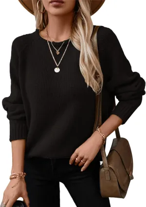 Women Casual Long Sleeve Fall Sweaters Crew Neck Solid Color Soft Ribbed Knitted Curling Pullover