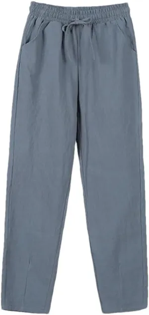 Women Cotton Elastic Waist Solid Color Harem Trousers Casual Ankle-Length Female Pants