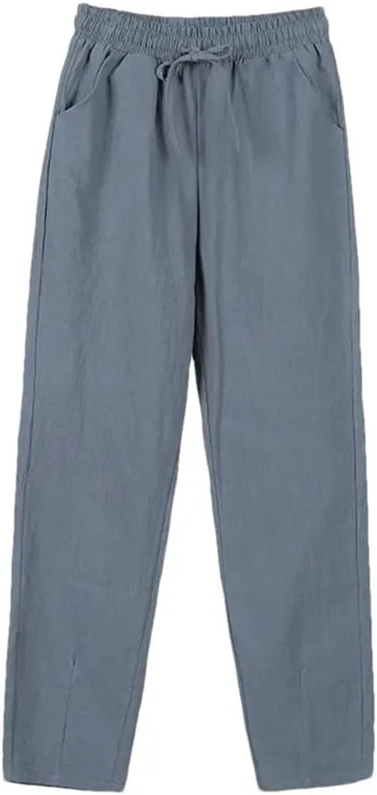 Women Cotton Elastic Waist Solid Color Harem Trousers Casual Ankle-Length Female Pants