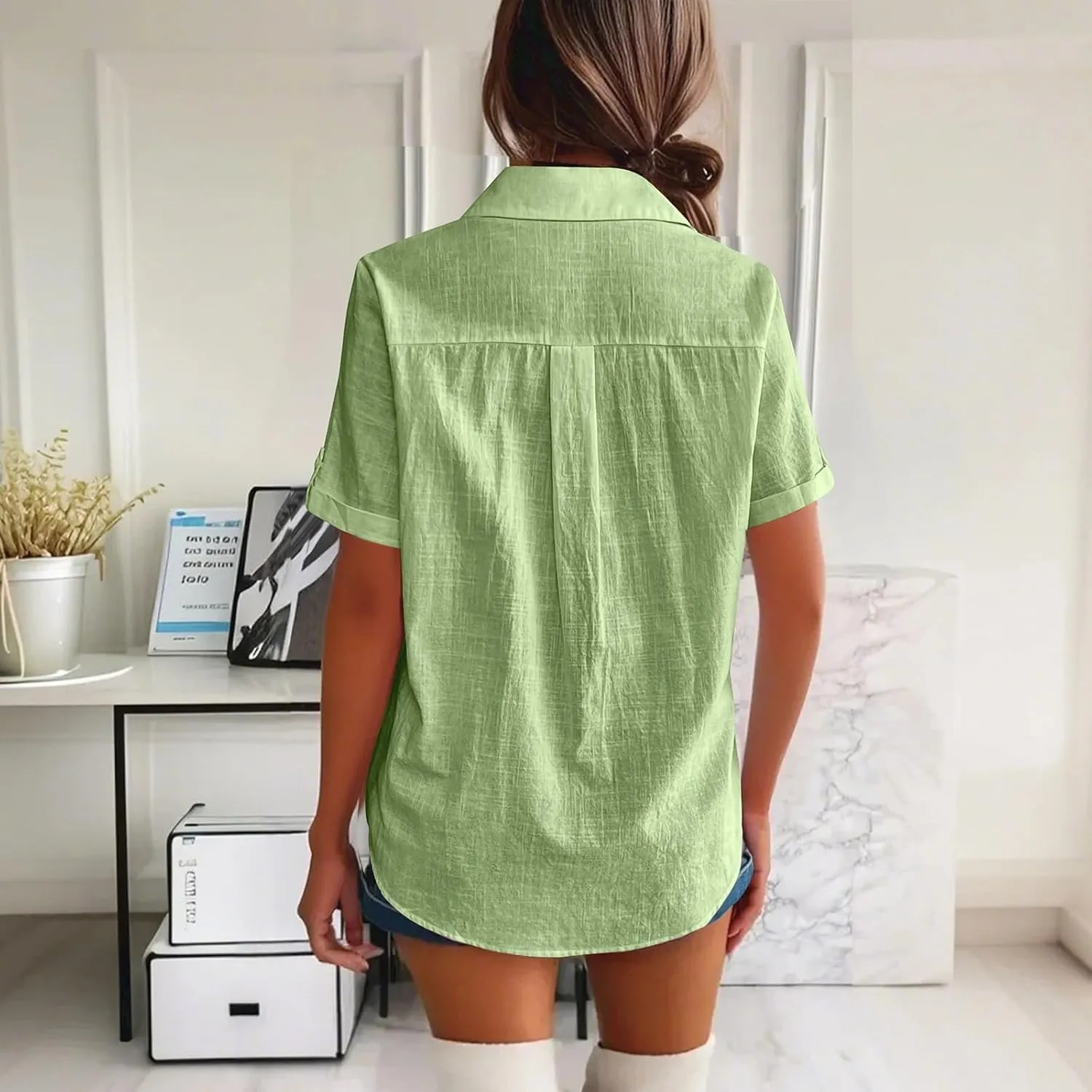 Women Cotton Linen Button Down Shirt Rolled Cuffed Short Sleeve Blouse Ladies Summer Casual Beach Tops