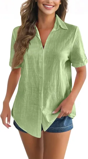 Women Cotton Linen Button Down Shirt Rolled Cuffed Short Sleeve Blouse Ladies Summer Casual Beach Tops