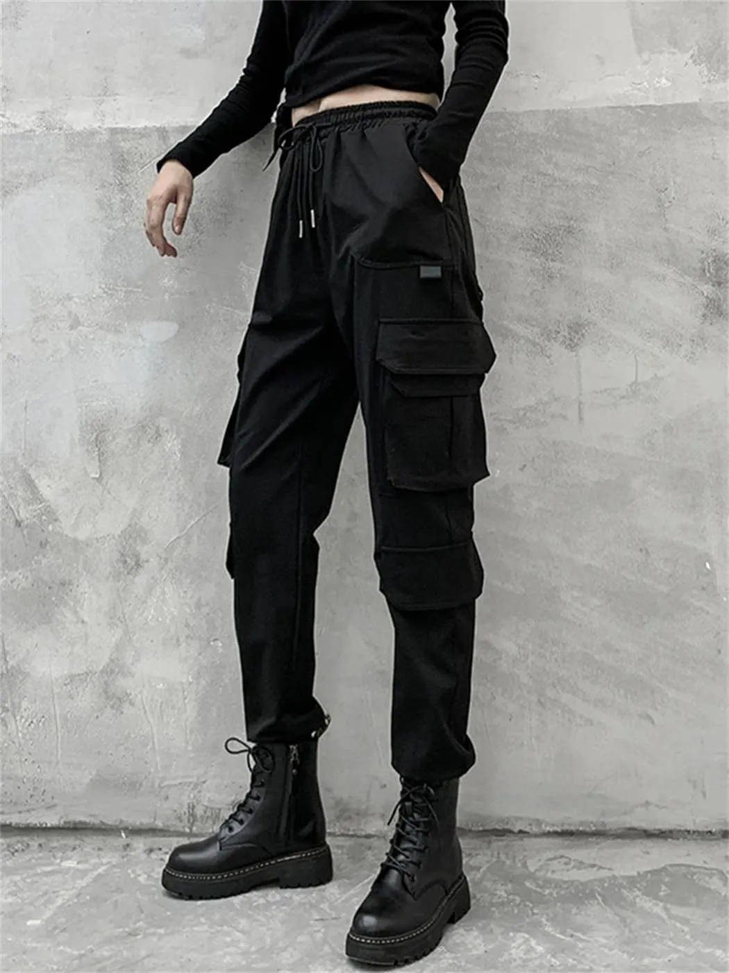 Women Fashion Spring Autumn High Elastic Waist Long Harem Trousers Loose Fit Pants Pockets