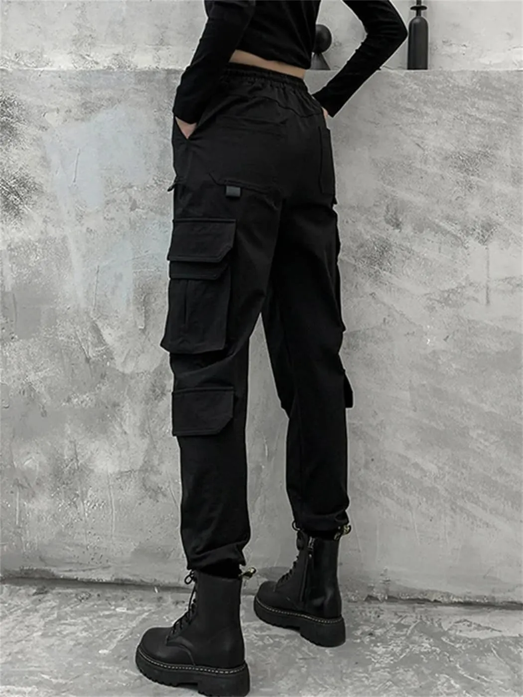 Women Fashion Spring Autumn High Elastic Waist Long Harem Trousers Loose Fit Pants Pockets