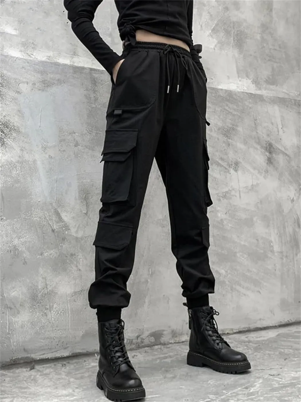 Women Fashion Spring Autumn High Elastic Waist Long Harem Trousers Loose Fit Pants Pockets