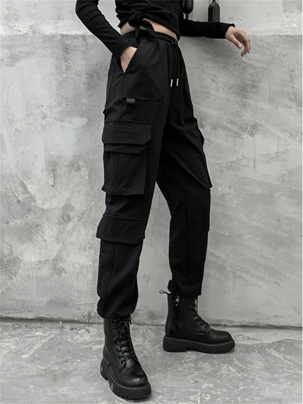 Women Fashion Spring Autumn High Elastic Waist Long Harem Trousers Loose Fit Pants Pockets