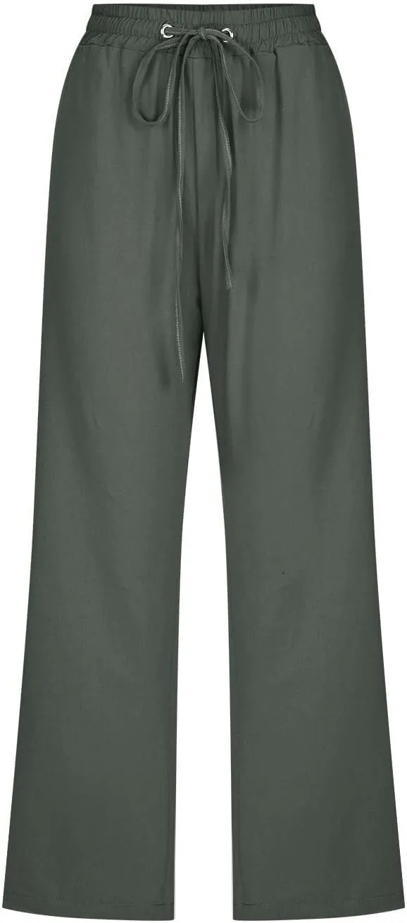 Women High Waist Straight Leg Pants Casual Elastic Waist Cotton Linen Wide Leg Pants Solid Summer Drawstring Trousers