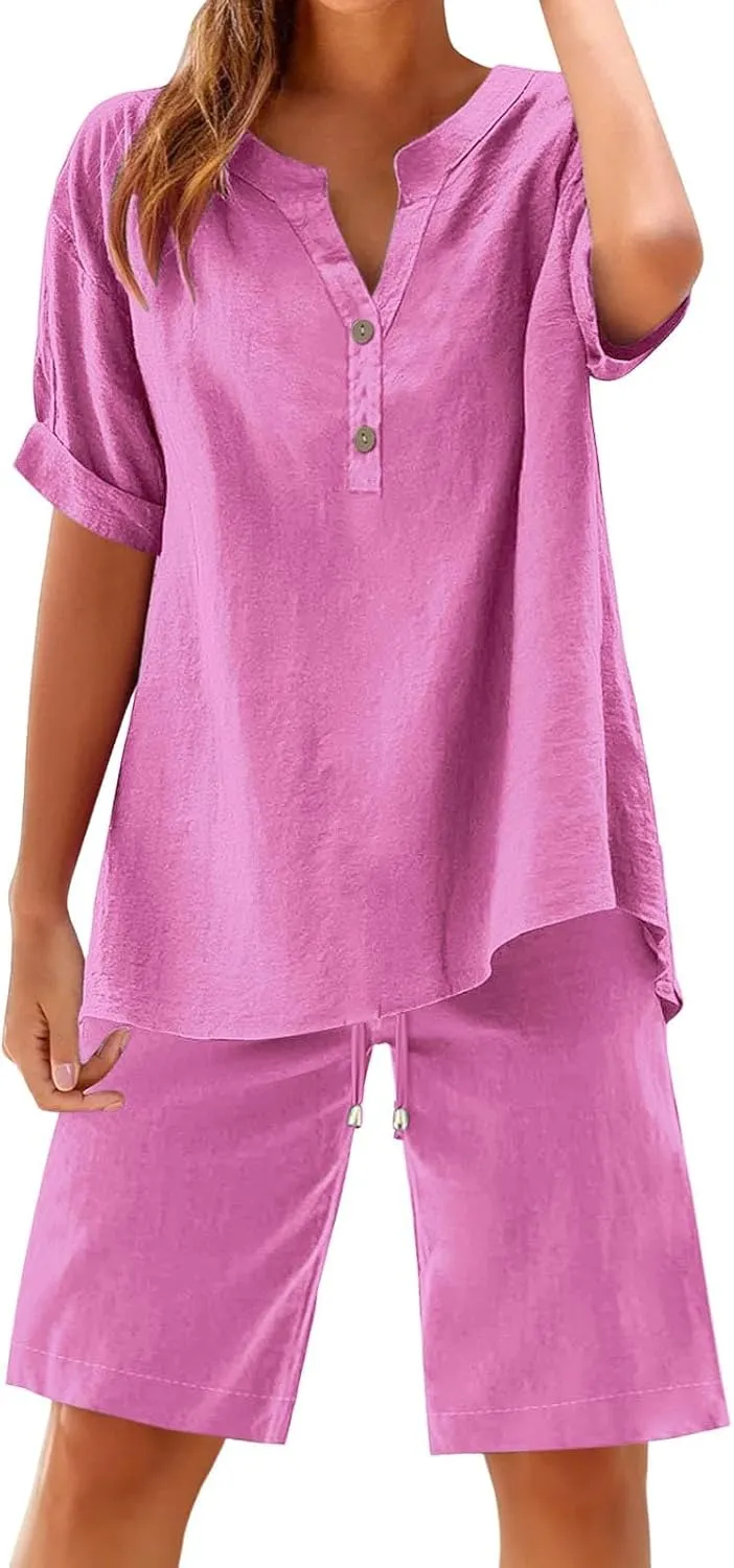 Women Linen Sets 2 Piece Outfits Short Sleeve Shirts & Wide Leg Shorts Loose Fit Loungewear Sets for Seniors