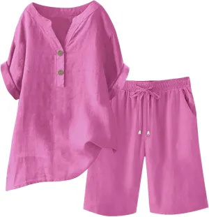 Women Linen Sets 2 Piece Outfits Short Sleeve Shirts & Wide Leg Shorts Loose Fit Loungewear Sets for Seniors
