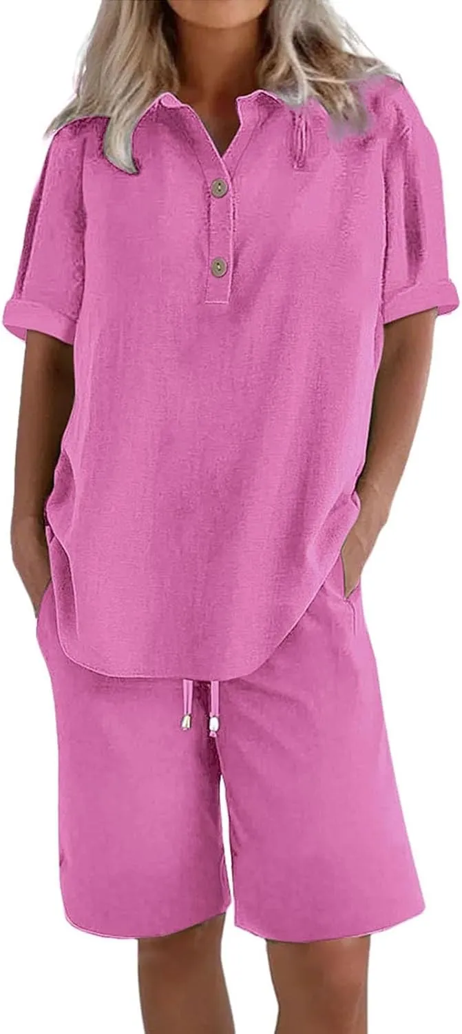 Women Linen Sets 2 Piece Outfits Short Sleeve Shirts & Wide Leg Shorts Loose Fit Loungewear Sets for Seniors