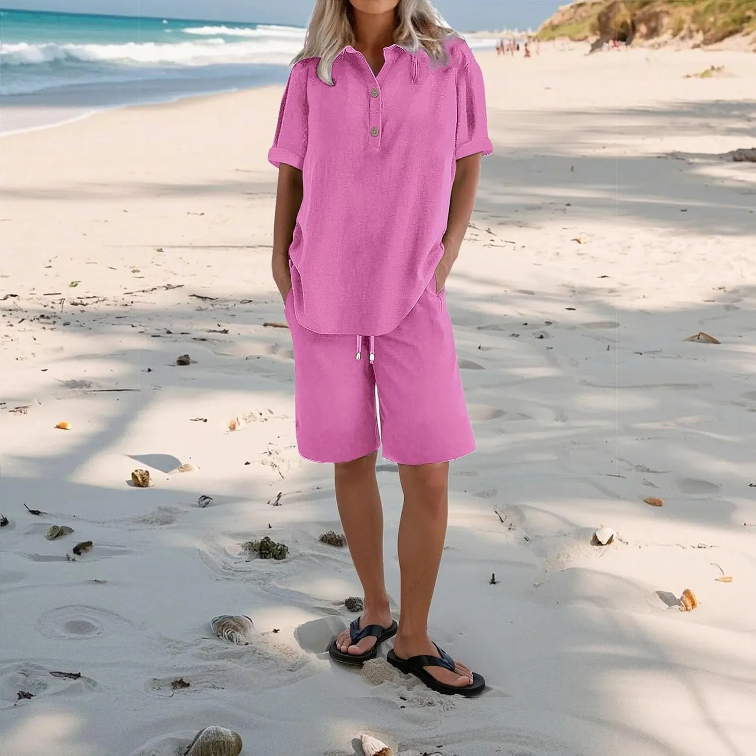 Women Linen Sets 2 Piece Outfits Short Sleeve Shirts & Wide Leg Shorts Loose Fit Loungewear Sets for Seniors