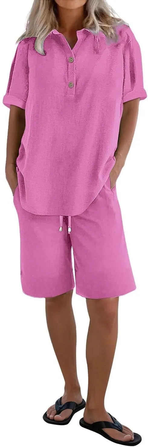 Women Linen Sets 2 Piece Outfits Short Sleeve Shirts & Wide Leg Shorts Loose Fit Loungewear Sets for Seniors