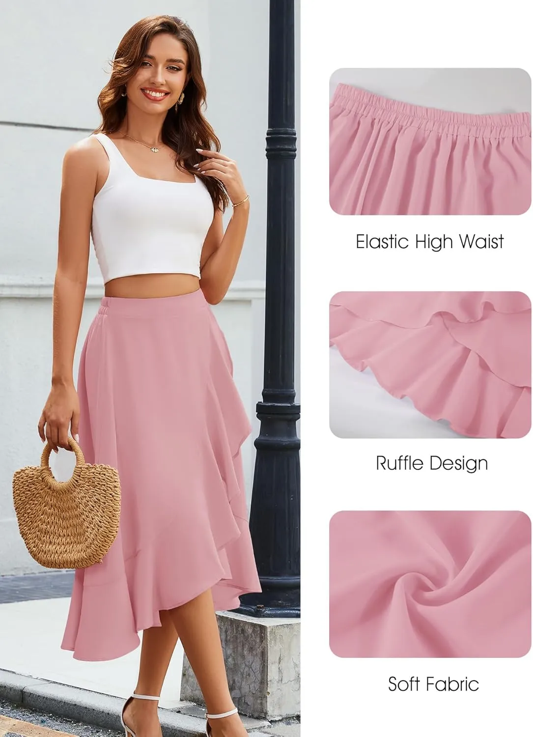 Women Midi Skirt Ruffle 2025 Summer Skirts Flowy Elastic Waist Chiffon Casual Split Long Skirt with Lining