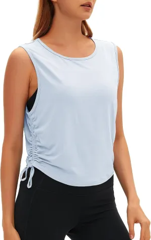 Women Open Back Sleeveless Workout Tops Crew Neck Ruched Side Tanks Athletic Casual Loose Shirts