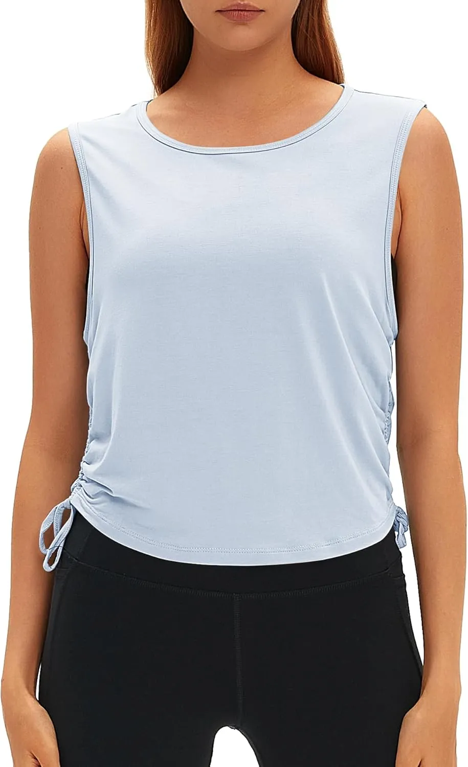 Women Open Back Sleeveless Workout Tops Crew Neck Ruched Side Tanks Athletic Casual Loose Shirts