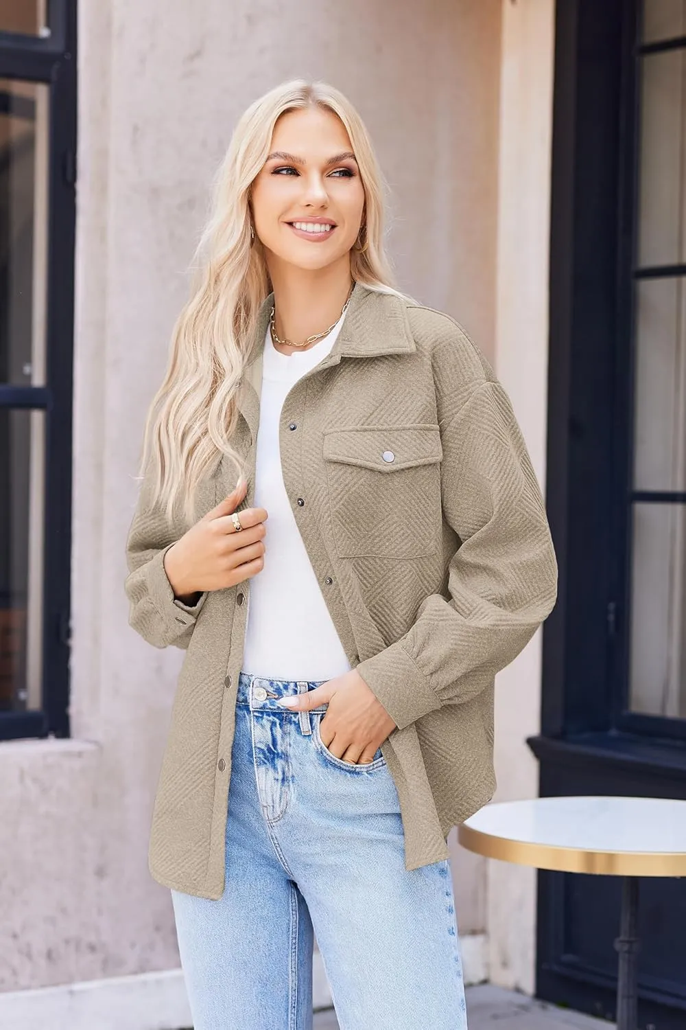 Women Shacket Jacket with Pockets Casual Fall Coat Long Sleeve Shirts Button Down Collared Winnter Clothes